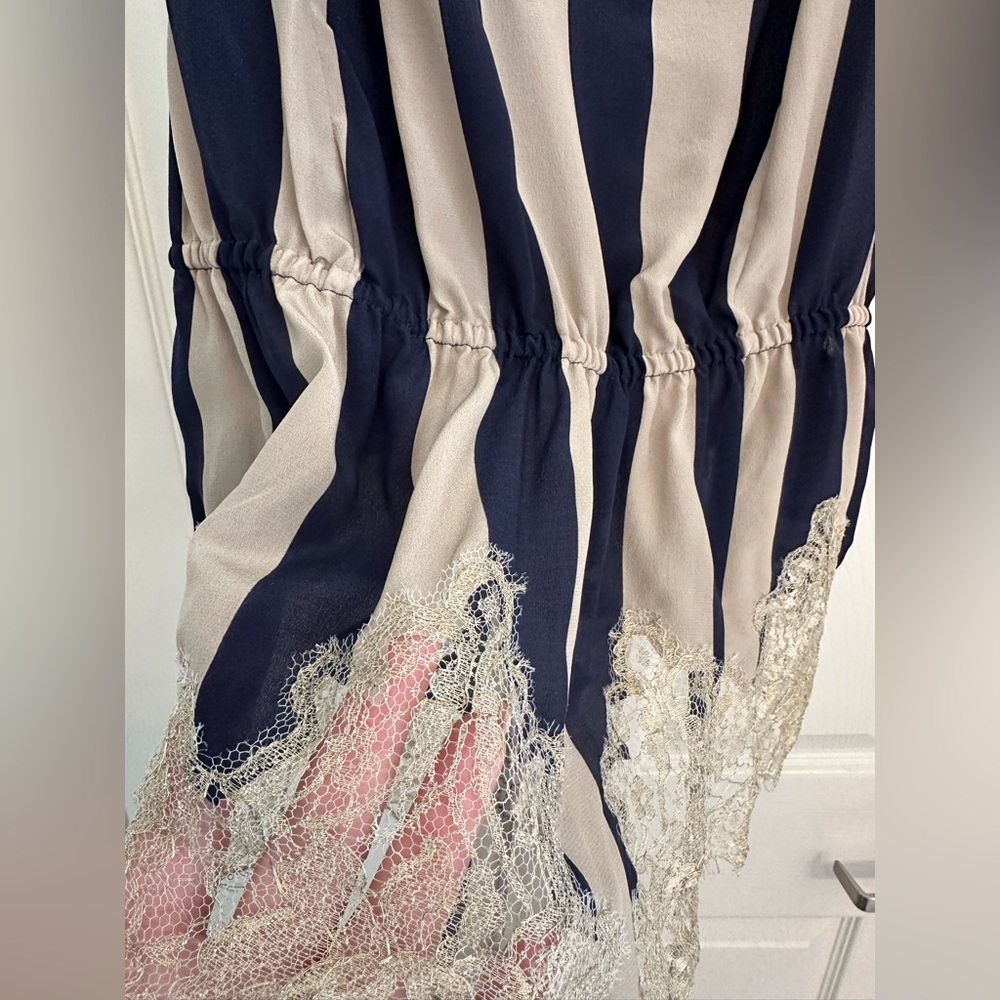 Rosamosario 100% Silk Bodysuit Playsuit Navy Cream Stripes Champagne Lace Silk - Picture 10 of 17